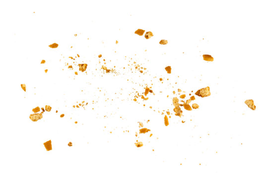 The pile of cookies flying, cake crumbs, grunge graphic overlay element isolated on a transparent background