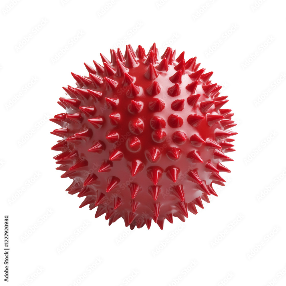 Poster a red spiky ball is isolated against a black background showcasing its textured surface and glossy f