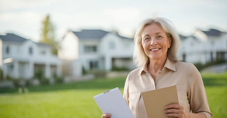 Fototapeta premium smiling older woman holding documents outdoors in residential area. She appears confident and professional, with houses in background