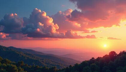 Fototapeta premium Cloudy sky at sunset with gentle hills, hill, evening
