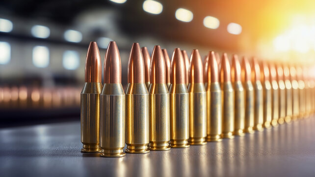 row of brass rifle ammunition with copper tips, showcasing precision and craftsmanship in well lit industrial setting. warm glow adds sense of focus and intensity
