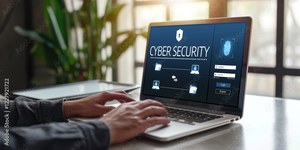 Poster cyber security system on computer screen protect private information brisk from hacker and cyber att