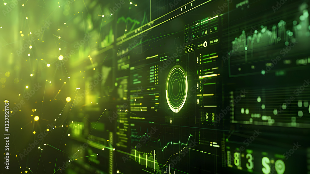 Poster a digital interface displaying data analytics and financial graphs in green hues.