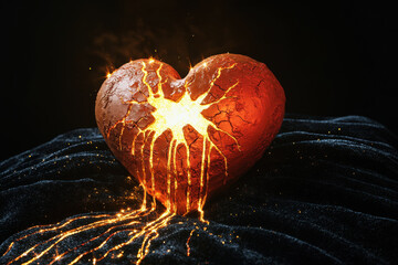 Broken heart made of clay emits golden light, symbolizing hope and resilience on a bed of black velvet