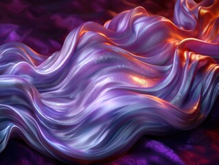 Obraz premium Abstract 3D render of flowing, silky waves in vibrant purple and orange hues, accented by glowing highlights and floating droplets, evoking a dynamic and ethereal atmosphere, generative AI.