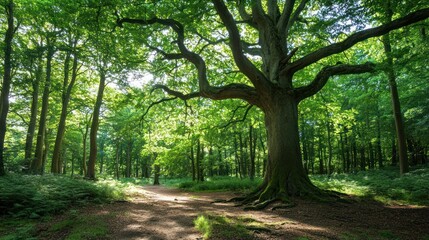 Obraz premium Majestic Oak in Verdant Forest Path