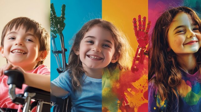 Disability kids school posters. Concept of education for children with special needs. Vector banners with cartoon illustration of boys in wheelchair, with arm prosthesis and blind girl