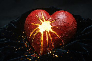 Broken clay heart illuminated by golden light, symbolizing hope and resilience on black velvet surface