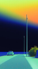 Scenic drive along a dreamy seaside in okinawa retro car and pastel skies tranquil landscape view