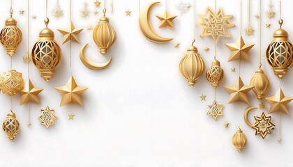 Fototapeta premium Elegant Ramadan Kareem Collection: Crescent Moons, Lanterns, and Islamic Calligraphy