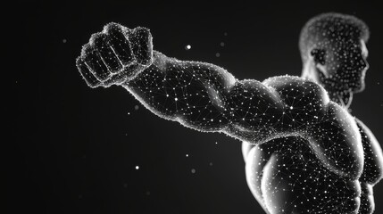 Human power low poly wireframe banner template. Polygonal physical strength, strong bodybuilder, athlete body mesh art illustration. 3D male hand muscles, flexed biceps with connected dots
