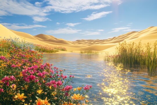 A surreal desert oasis with vibrant flowers and shimmering water, surrounded by golden dunes