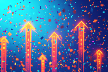 Obraz premium Celebration of growth with glowing arrows and colorful confetti against a vibrant blue background