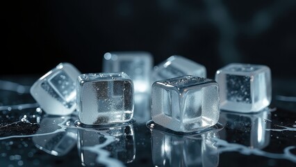 Fresh ice cubes melting on a dark reflective marble surface with water droplets	