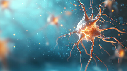 Obraz premium close up view of neuron showcasing its intricate structure and connections, set against soft blue background. This evokes sense of exploration into nervous system complexity