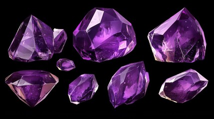 Set of amethist gemstone piles of different size isolated on dark background. Cartoon vector illustration of purple crystals, treasure heaps glowing in darkness. Game assets, ui design elements