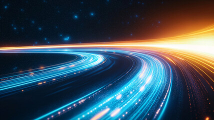 Fototapeta premium Vibrant abstract background with glowing neon light lines creating dynamic flow. interplay of blue and orange hues evokes sense of speed and energy, perfect for futuristic themes