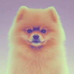 Obraz premium Cheerful fluffy pomeranian portrait solid lilac background pet vibrant environment close-up view