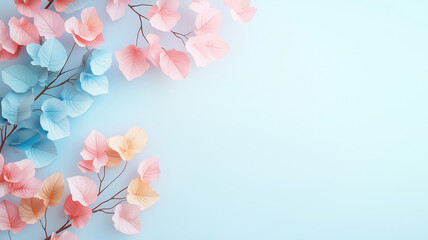 Naklejka premium Pastel leaves in soft colors create serene and calming atmosphere against light blue background. This abstract design evokes feelings of tranquility and nature beauty