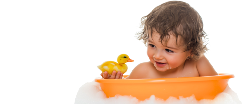 white background panoramic banner with cute brunette child bathing in a bathtub with a yellow duck toy isolated over transparent background; foam; concept of health care, toddler hygiene element 