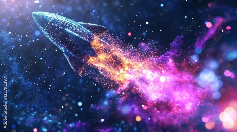 Poster abstract pixelated spaceship is flying through space, leaving a colorful trail of particles, creatin