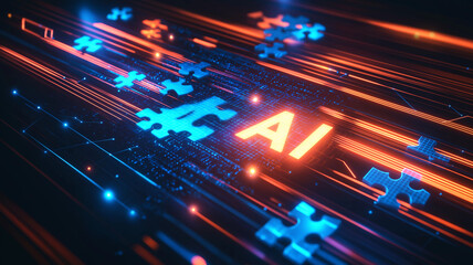 Abstract digital technology background featuring AI text and puzzle pieces, showcasing vibrant colors and dynamic lines. This represents innovation and connectivity in technology