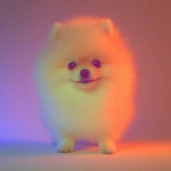 Cheerful fluffy pomeranian on solid lilac background pet design playful environment close-up perspective