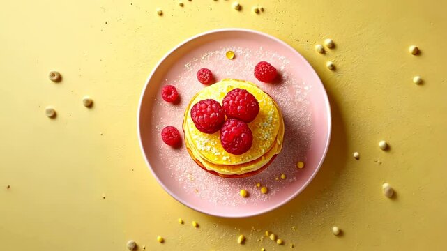 Delicious stack of pancakes topped with fresh raspberries served on a pink plate on a golden background