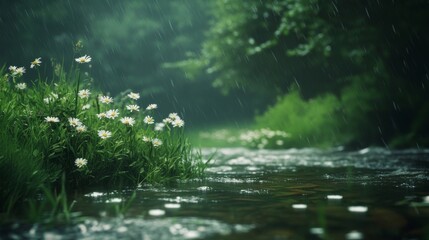 Fototapeta premium Rain in forest with river nature cartoon landscape background. Green grass and chamomile in beautiful location with spring weather. Falling raindrop in water. Illustrated valley with tree and creek