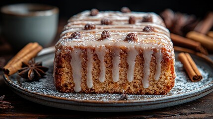 Iced spice cake, rustic setting, dessert, autumn