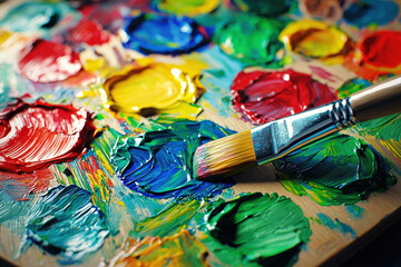 Vibrant artist's palette showcasing an array of colorful paint blobs with a paintbrush resting...