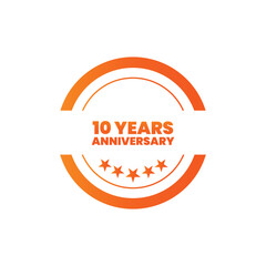 Celebrating 10 years anniversary orange cirlce label with ribbon, vecto