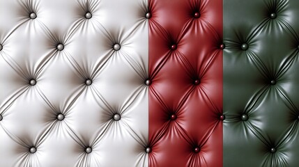 Leather upholstery textures, luxury sofa fabric. Vector realistic backgrounds, seamless patterns of upholstered furniture, couch or chair surface. White, red and green sofa cover with buttons