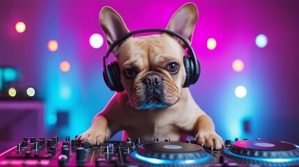 A french bulldog dj mixes music while wearing headphones amidst vibrant neon lights at a lively party atmosphere filled with energy