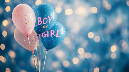 Pink and blue balloons displaying boy or girl message floating against a vibrant backdrop with bokeh lights, gender reveal celebration