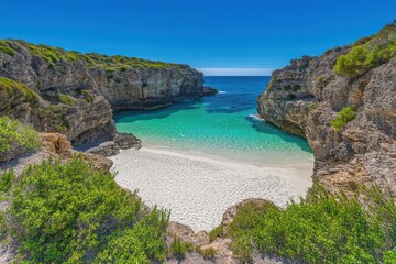 Obraz premium A tranquil beach surrounded by jagged cliffs, soft white sands, and vibrant turquoise waters under a clear sky