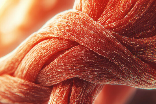 Close-up of human muscle tissue showing striations and connective fibers under soft natural light
