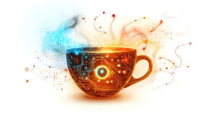 A detailed illustration of a steaming coffee cup with glowing circuitry patterns integrated into the steam