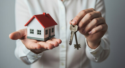Model house and keys in hand. Real estate concept with home keys