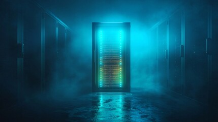 illuminated server doorway in a futuristic data center