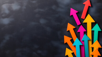 Colorful arrows pointing in different directions on dark background create vibrant and dynamic visual. This symbolizes choices and direction