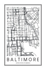 Printable downtown road map poster of the USA city of BALTIMORE on solid white background with city name