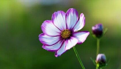 Fototapeta premium the delicate petals of a purple and white flower gently swaying in the breeze on a green stem flower blossoms white flower