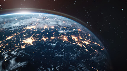 A view of Earth from space, with the sun setting over the horizon.