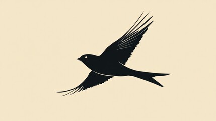 Fototapeta premium Stylized black bird soaring against a solid light background during daylight. Generative AI