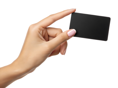 Female hand holding black card blank isolated on white background, transparent PNG cutout, business payment credit debit gift card mockup for social media post, web banner, 4K high-quality download