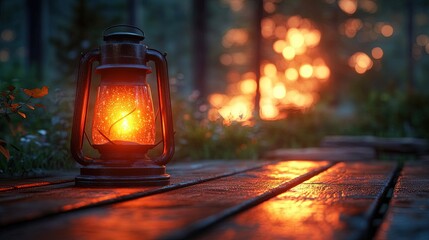 Lit lantern on wooden table in forest at dusk with background fire