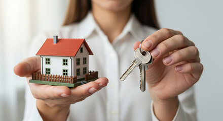 Model house and house keys in woman hands. Real estate concept with model house and keys