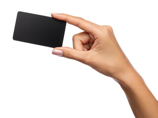 Female hand holding black card blank isolated on white background, transparent PNG cutout, business payment credit debit gift card mockup for social media post, web banner, 4K high-quality download