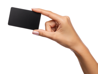 Female hand holding black card blank isolated on white background, transparent PNG cutout, business payment credit debit gift card mockup for social media post, web banner, 4K high-quality download